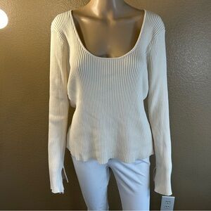 H&M Rib-Knit Top Light Beige Deep Neckline Long Sleeves with Slit at Cuff sz 3XL